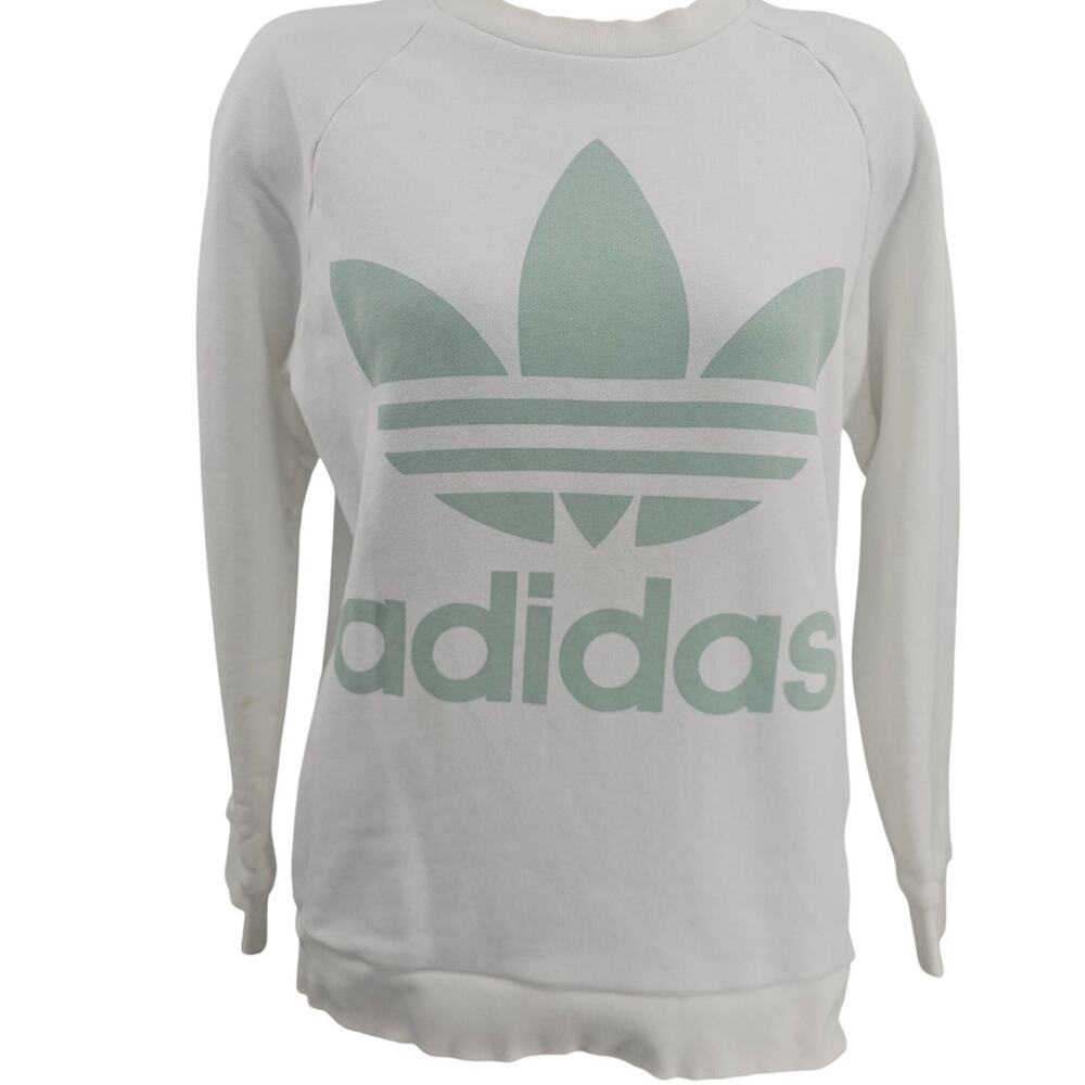 Adidas White Sweatshirt Mint Green Tri Fold Logo Pullover Cotton Women's XS 3955